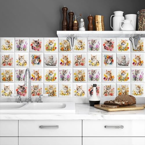 Baldosas Adhesivas Lindo Gato Naranja Suelo Vinilo Autoadhesivo Vinilo Impermeables Panel Revestimiento Ducha para Baño Cocina Gabinete Muebles Decoración Azulejos Adhesivos 20x20cm /10 Piezas