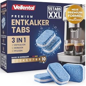3-in-1 Entkalker für Kaffeevollautomaten & Kaffeemaschinen (55 Stück) - Entkalkungstabletten für Siemens EQ-Serie, Delonghi, Jura, Krups, Bosch, Miele, Melitta, Tassimo, WMF