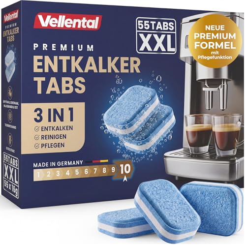 3-in-1 Entkalker für Kaffeevollautomaten & Kaffeemaschinen (55 Stück) - Entkalkungstabletten für Siemens EQ-Serie, Delonghi, Jura, Krups, Bosch, Miele, Melitta, Tassimo, WMF