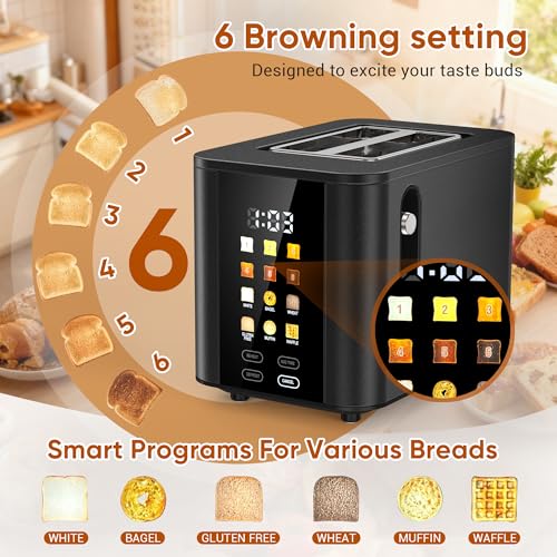 Image of Touch Screen Toaster 2 Slice Black Toaster with Digital Countdown Wide Slot LCD Display 2 Slice Toasters Smart Toasters 6 Shade Settings 6 Bread Type with Reheat /Add Time /Defrost /Cancel Function