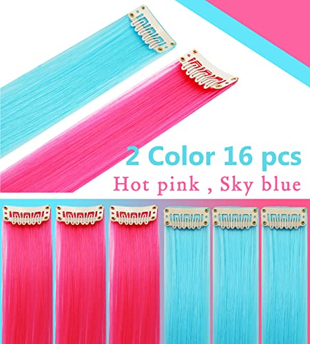MQY COLOR 16 PCS 21 Inches Multi Colored Hair Extensions Clip in Kids Blue Pink Hairpieces Party Highlights DIY Hair Accessories for Girls Women (Sky blue+Hot pink) - Image 3