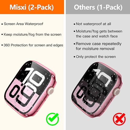 Image of Misxi [2 Pack] Waterproof Hard Case with Tempered Glass Compatible with Apple Watch Series 11 (2025) Series 10 42mm, Overall Protective Cover for iWatch Screen Protector, 1 Rose Pink + 1 Transparent