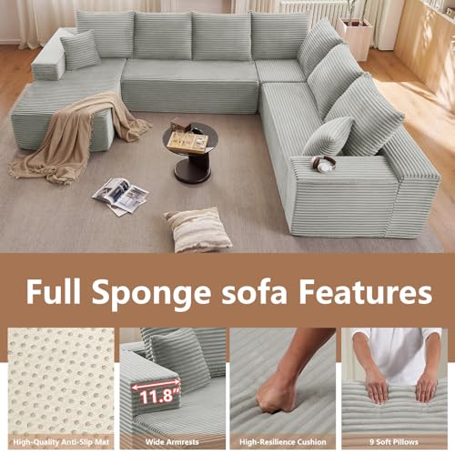 Image of Oversized Modular Sectional Sofa Couch, Large 6 Seater Corner Sofa Modern U Shaped Sectional Couch Cloud Couches for Living Room, Office, Spacious Space, Corduroy,No Assembly Required, Light Grey