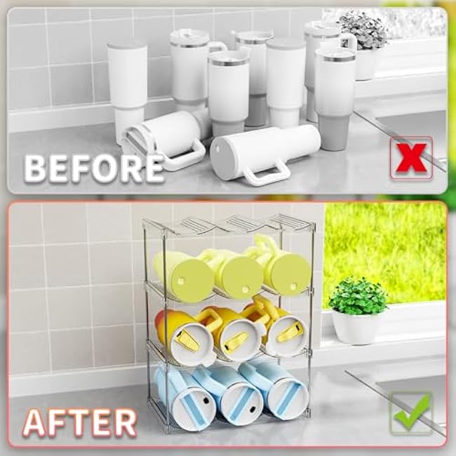 Yieach Larger Compartments Stackable Water Bottle Organizer for 40 oz Stanley Cup Holder,Yeti and Other Tumbler Organizer,4 Tier Wine Rack and Water Bottle Storage Rack for Kitchen Cabinets,Countertop