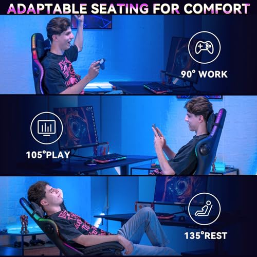 Sedia da gioco, sedia da ufficio, sedia da gioco con altoparlante e barra luminosa, sedia da giocatore, schienale con custodia, sedia ergonomica PC con telecomando - Sedia gaming - Immagine 3