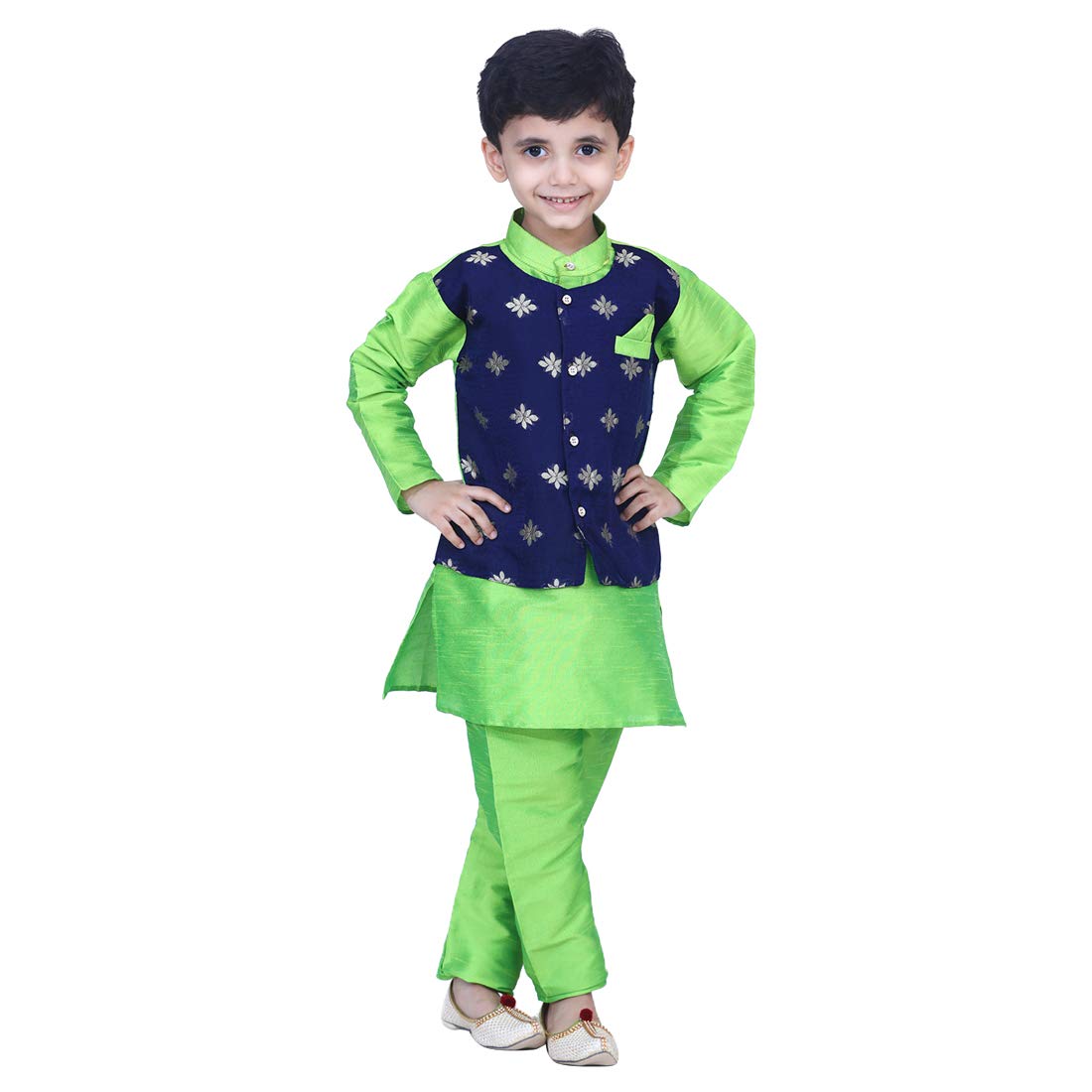 Ethnic Wear Silk Blend Kurta Pajama Set for Baby Boys, Full Sleeves With Attached Chiffon Jacket