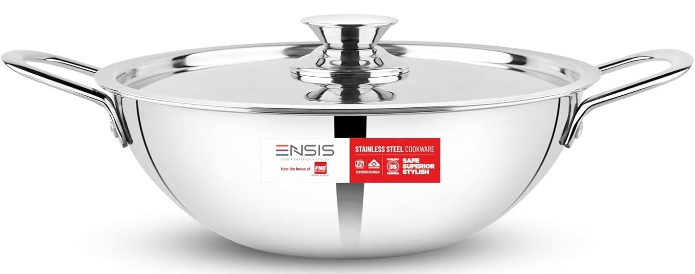 ENSIS Triply Stainless Steel kadai | Induction Compatible triply kadai with lid | Stainless Steel cookware | Try ply cookware for Indian Cooking |Dishwasher Safe|5 Year Guarantee (22 cm)