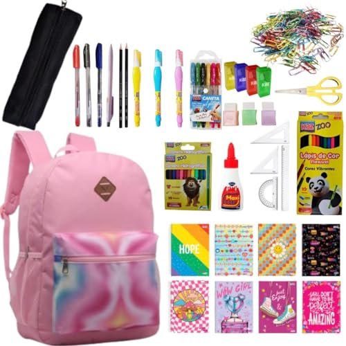 Kit Material Escolar com 59 Itens Ensino Fundamental Colegial Universidade Faculdade Completo Unissex Com Mochila Estojo