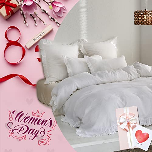 Simple&Opulence 100% Washed Linen Duvet Cover Set-3 Pieces Premium Shabby Chic Ruffled Bedding With 1 Comforter Cover And 2 Pillowshams France Flax High End Frill Sets Vintage Style(Queen, White) #TOP1