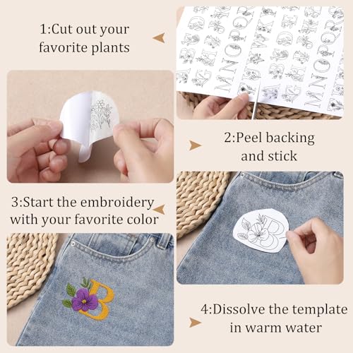 Image of Water Soluble Hand Sewing Stabilizers - 4 Sheets 200+ A-Z Letter Stick and Stitch Embroidery Paper Designs Wash Away with Pre-Printed Flower and Alphabet Patterns for Hand Sewing Lover Beginners
