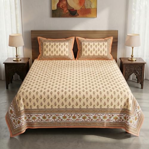 Image of Mafatlal 144 TC Heritage 100% Cotton Rajasthani Jaipuri Traditional Floral King Size Queen Bedsheet with 2 Pillow Covers (90x108 inches) - Copper Orange