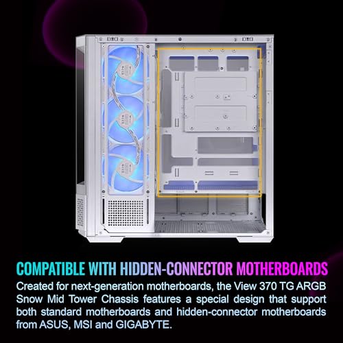 Image of Thermaltake View 370 TG ARGB Mid Tower; 1x360mm & 1x120 ARGB PWM Fans Included; 360mm Rad Support; 420mm GPU Clearance; Hidden Connector Support (ATX /mATX); Vertical GPU Support;Snow; CA-11N-00M6WN-00