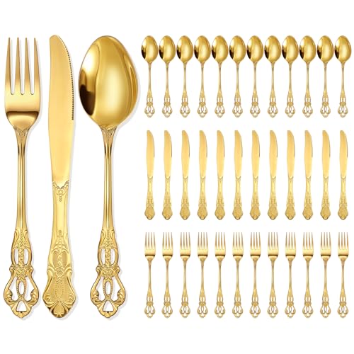 Dandat 36 Pcs Royal Gold Silverware Set Stainless Retro Baroque Cutlery