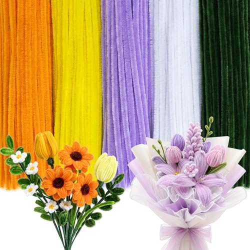 Image of Peryiter 500pcs Pipe Cleaner Craft Pack, Yellow & Purple Flower, 12 Inch