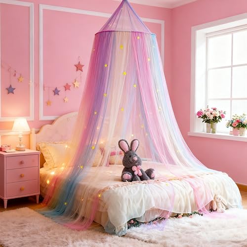 Image of Rainbow Bed Canopy with Glow in The Dark Stars,X-Large Princess Rainbow Bed Curtains Mosquito Netting for Girls Bedroom,Kids Fairy Dream Play Hanging Canopy Tent for Room