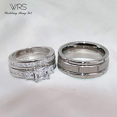His Hers Wedding Ring Sets Couples Matching Rings Women's 10k White Gold Filled Square CZ Wedding Engagement Ring Bridal Sets & Men's Tungsten Carbide Wedding Band 5