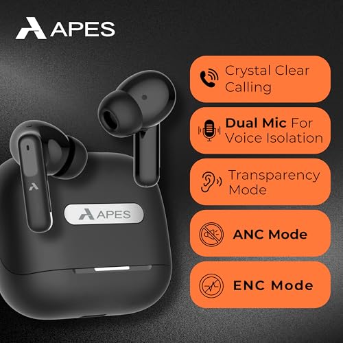 Image of APES SonicPods Wireless Bluetooth Earbuds, 13mm Drivers, 24Hrs Playtime, ANC and ENC (Black)