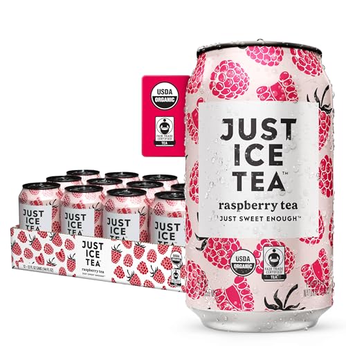 Just Ice Tea, Raspberry Flavored Black Iced Tea, 12-Pack (12oz Cans), USDA Certified Organic, Low Calorie, No Artificial Sweeteners, Fair Trade, Made in USA.