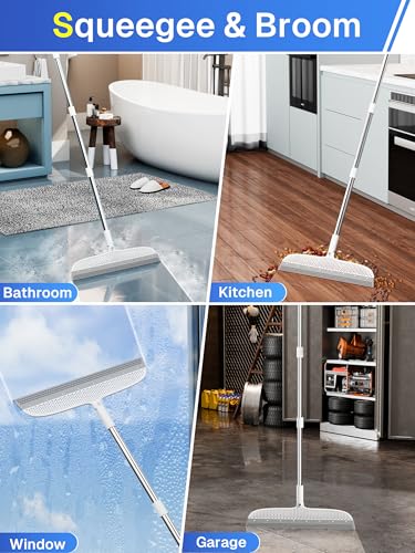 Image of Silicone Floor Squeegee, 180 Rotating Air Broom, Squeegee for Floor with a Long Handle, Magic Broom for Water and Pet Hair Removal on Bathroom Floors, Tile, Deck and Glass, Indoor Cleaning Tool