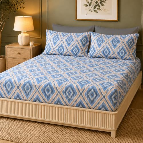 Image of LANE LINEN Symphony | 100% Cotton Sheet Set | Soft & Breathable Fabric | 3 Piece (1 Bedsheet + 2 Pillow Covers) | King Bed Sheet Set - Linear Blue Horizon