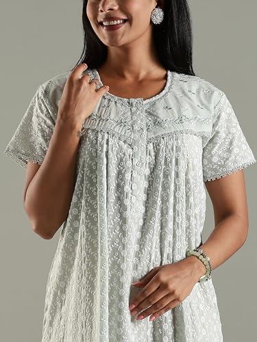 Image of 9shines Label Stylish Chikankari Cotton Nighty Maxi for Women | Full Length Nightgown | Nightdress with Pocket | Embroidery Nighty | Soft Comfortable Cotton Nightwear (1545)