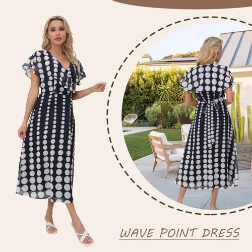 Image of Women's Casual Summer Dot Dress - V-Neck Short Sleeve Boho Dress, Wedding Guest Navy