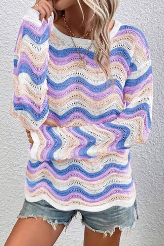 Women's Purple Stripe Wavy Pointelle Knit Drop Shoulder Sweater3
