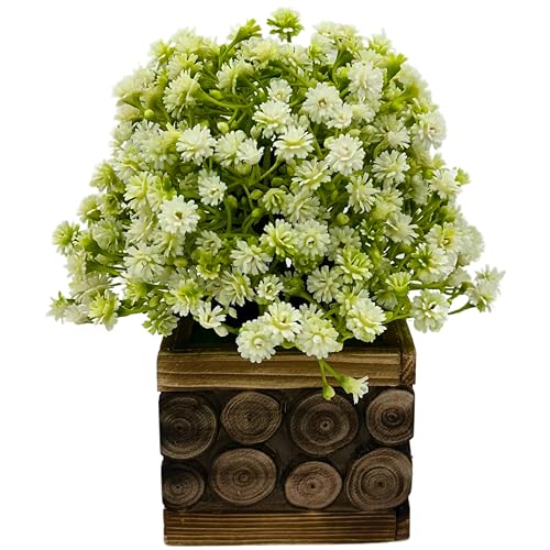 Image of Tdas Artificial Flower Plants Leaves Wooden Potted Flowers Home Decor Greenery Eucalyptus Small Faux with Pot for Indoor Shelf Desk Bathroom Bedroom Office Decoration (White)