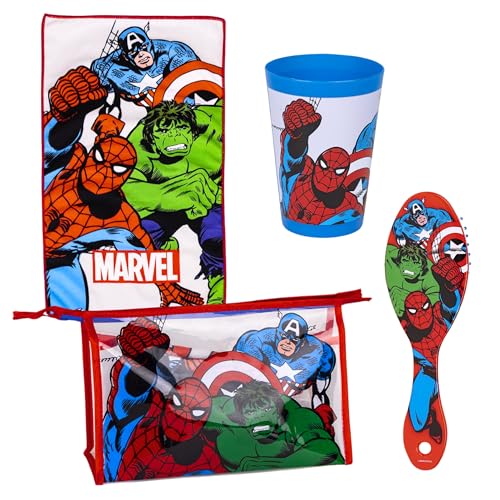 Marvel Avengers Trousse de Toilette pour Garçons, Set Design Avengers, Comprend Une Tasse, Brosse à Cheveux, Serviette, Trousse de Toilette, sans PVC
