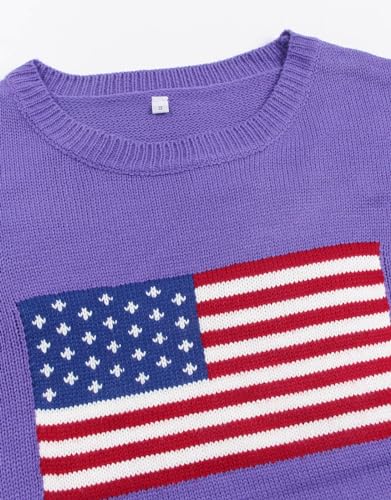 Image of Womens American Flag Sweater Long Sleeve Crew Neck Knitted Casual Pullover Sweater (Purple, Medium)