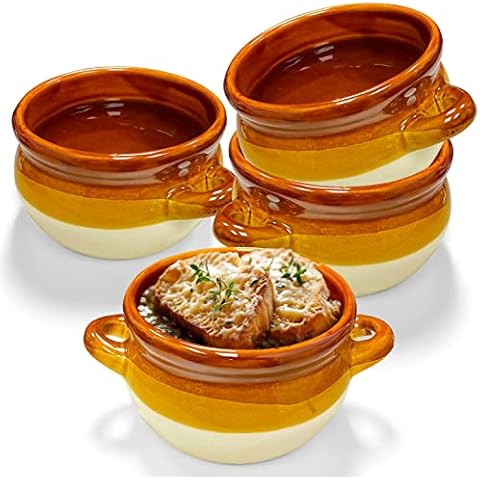 Stock Your Home 16 oz French Onion Soup Crock (4 Pack) - Two Tone Brown & Ivory Porcelain Soup Bowls with Handles -Microwave and Dishwasher Safe Crocks Cover