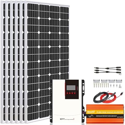 1350W 24V Home Solar Power Kit with 5000W Pure Sine Power Inverter (Peak 10000W),6pcs 225W 12V Monocrystalline Solar Panel,60a MPPT Charge Controller,and Mounting Hardware Cover