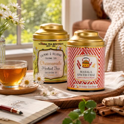 Image of Sancha Tea Boutique, Tea Combo Pack: Chamomile Flower, 50g Caffeine Free Herbal Tisane & Masala Chai (25 Pyramid Bags), Real Spice Blend Chai