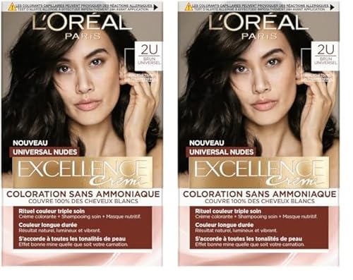 L’ORÉAL PARIS - Coloration Cheveux Cheveux Permanente - Sans Ammoniaque - Couvre 100% des Cheveux Blancs - Excellence Crème Universal Nudes - Nuance : Brun Universel (2) (Lot de 2)