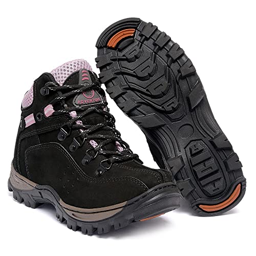 Bota Coturno Adventure Couro Feminino e Masculino (34, Preto c/Rosa)
