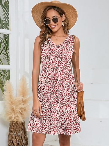 Image of Heymoments Women's Summer Dresses Sleeveless Casual Fashion Loose Swing Button Down Beach Dress with Pockets