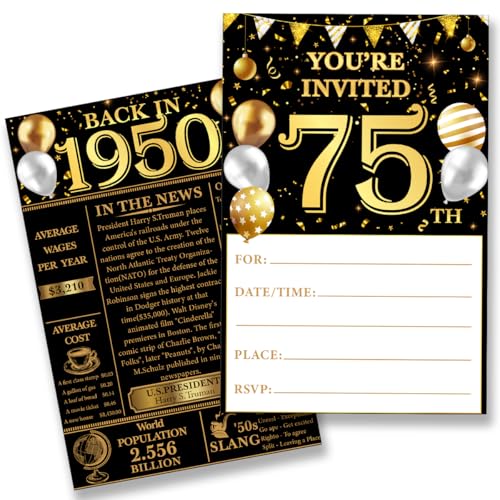 QZJ 75th Birthday Party Invitations for Women Men - Back in 1950 Invites 75 Year Old Party Invitations Set for Birthday Anniversary (20 Invites and Envelopes)