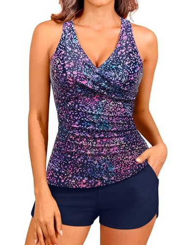 Image of Women Tankini Swimsuits with Shorts - Two Piece Tummy Control Bathing Suits Top with Two Pockets Bottom Swimwear