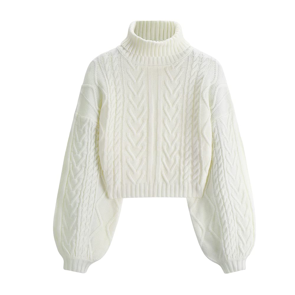 Zaful Womens Cropped Turtleneck Sweater Lantern Sleeve Ribbed Knit