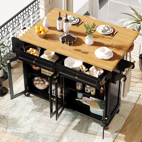 Isla de cocina de alta calidad con ruedas y puertas de cristal, carrito multifuncional con vetas de madera y gran espacio de almacenamiento, armario de buffet móvil, para comedor, salón, cocina, negro