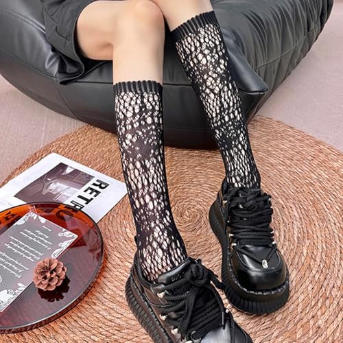 Women's Fishnet Crew Socks 4 Pairs Breathable Mesh Stack & Scrunch Long Calf Socks (US, Alpha, One Size, Regular, Regular, 24-18-black white red purple-4 Paris)3