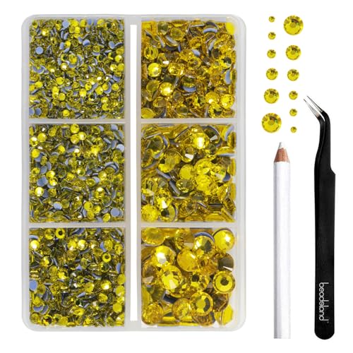 Image of BEADSLAND Hotfix Rhinestones, 4000 PCS Lemon Yellow Rhinestones for Clothes Crafts Mixed 6 Sizes with Wax Pencil and Tweezers Kit, SS6-SS30,Citrine