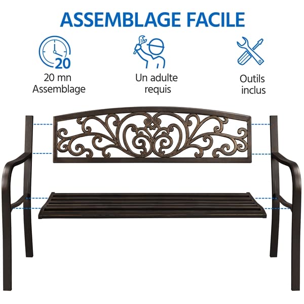 Yaheetech Banc de Jardin en métal résistant aux intempéries pour 2 à 3 Places - Banc de Repos Vintage avec Dossier - Accoudoir pour Jardin, Balcon et terrasse - Bronze