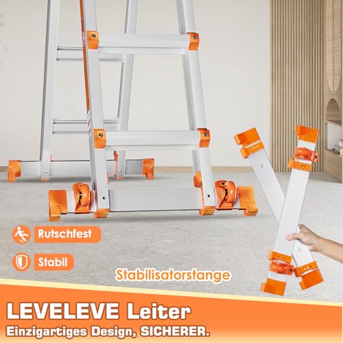 Moonlight Manor 5-Stufen-Mehrzweckleiter: 5-Stufen-Stehleiter & 17-Fuß (5,18 m) Ausziehleiter • Mit Stabilisator & Rädern • 150 kg Traglast • Sicher für Treppen • Für Innen, Außen und Dach