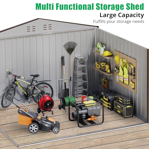 10x10 Ft Brown Metal Outdoor Storage Shed, Large Garden Shed with Sloped Roof & Lockable Door, Backyard Garden Patio Lawn Outdoor Shed for Organising Tools and Equipment in Yard, Garden