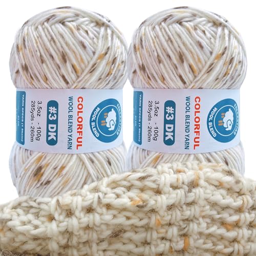 Image of 2 Pack Wool Blend Yarn, 2x3.5oz / 285yds, #3 DK, 20% Wool 80% Acrylic, Variegated, Single-Ply Soft Crochet & Knitting Wool Yarn for Sweaters, Scarves, Hats (Buttercream)
