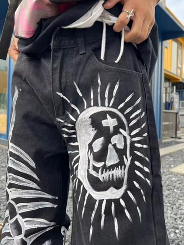 jupkem Baggy Jeans Men Grunge Skull Pants Y2k Gothic Wide Leg Graphic Jean Punk Hiphop Denim Jeans 90s Cool Streetwear4