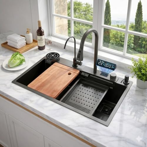 Image of Fosaa 30 inchx18 inchx9 inch 5-Year Warranty Original Smart Piano Waterfall Pure Premium Stainless Steel Model Kitchen Sink with Pull-Down Faucet, LED Panel & Display | Black Honeycomb Finish (2 Button)