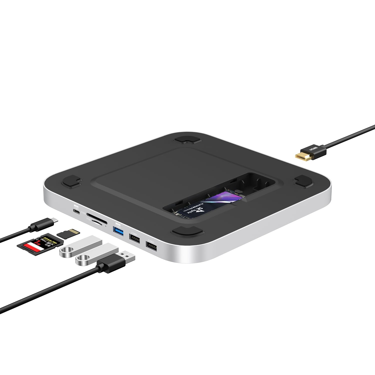 USB-C Hub with SSD Enclosure, Docking Station for Mac Studio Mac mini M2/M1/Intel, 4K HDMI, Type-C 10Gbps, Card Readers 104MB/s, Fits M.2 PCIe SATA and NVMe SSD (Silver)