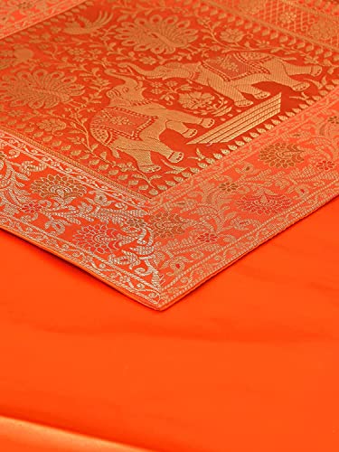 Image of E-Ezra Silk Banarsi Brocade Traditional Table Runner for Dining Table 4 & 6 Seater Table Cloth Rectangle Coffee Table Cloth / 152 cm (Orange)